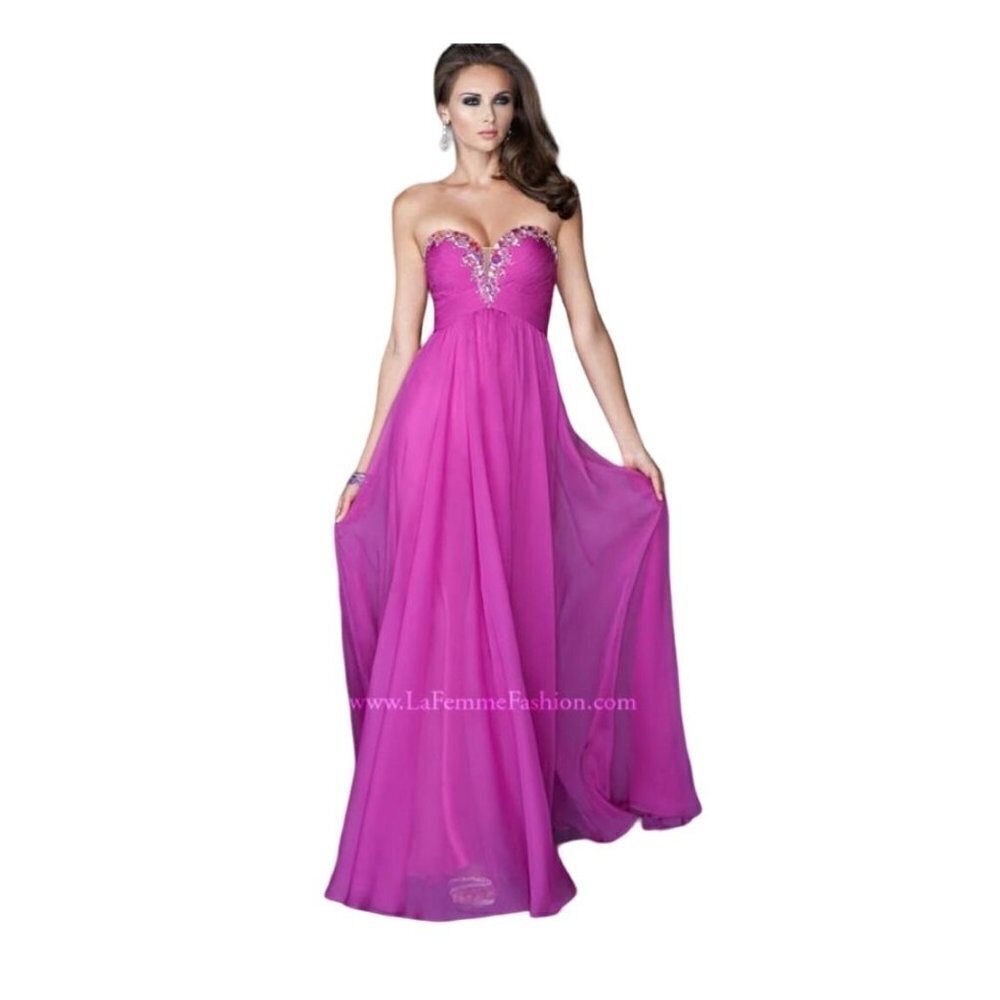 La Femme Purple Magenta Strapless Rhinestone Sweetheart Neck Gown Size 0